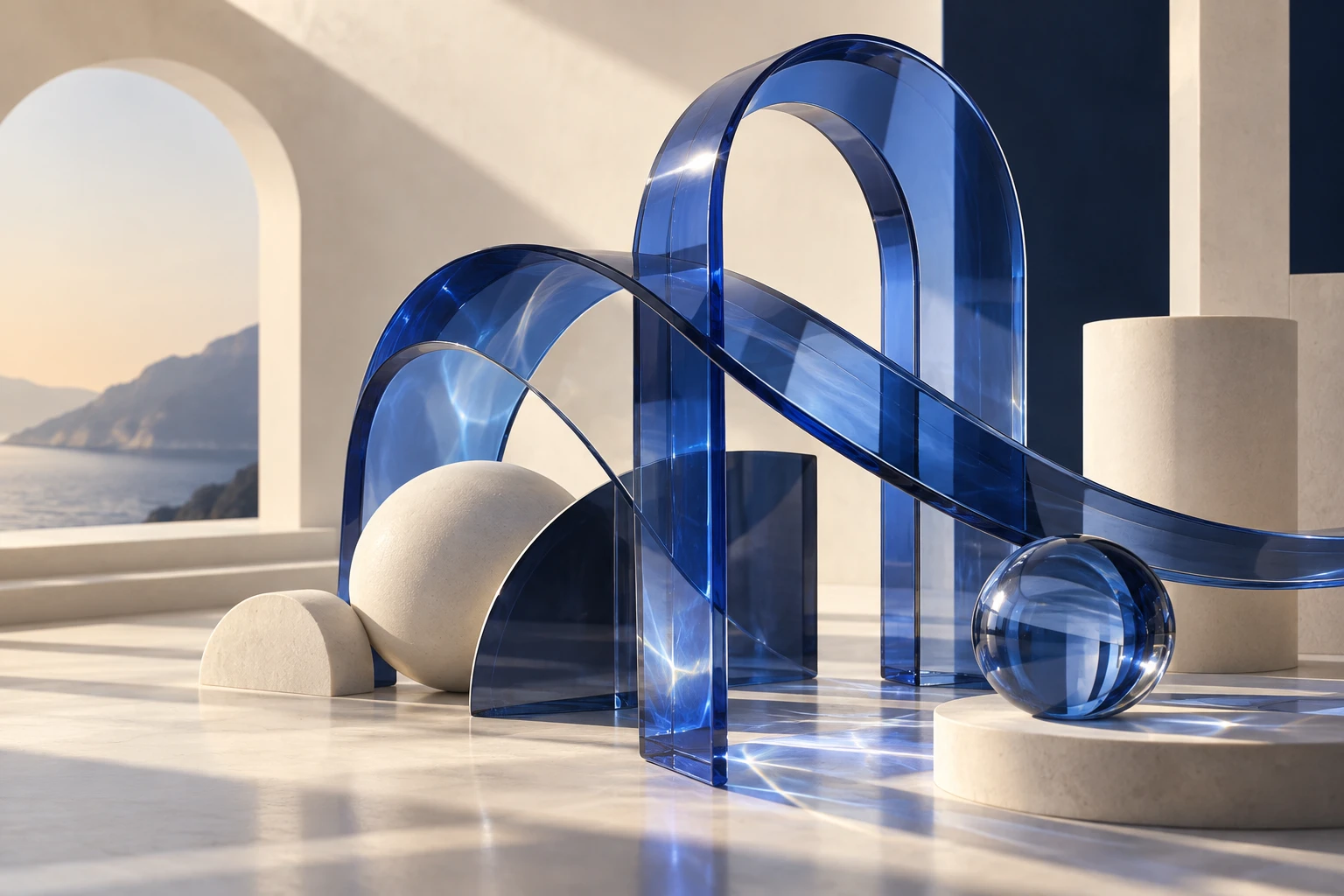 Interconnected cobalt glass and ivory sculptures, an abstract study of connection