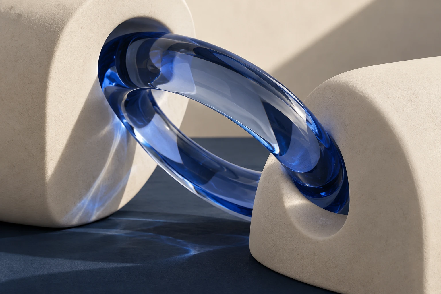 Sculptural cobalt glass loop connecting warm ivory forms